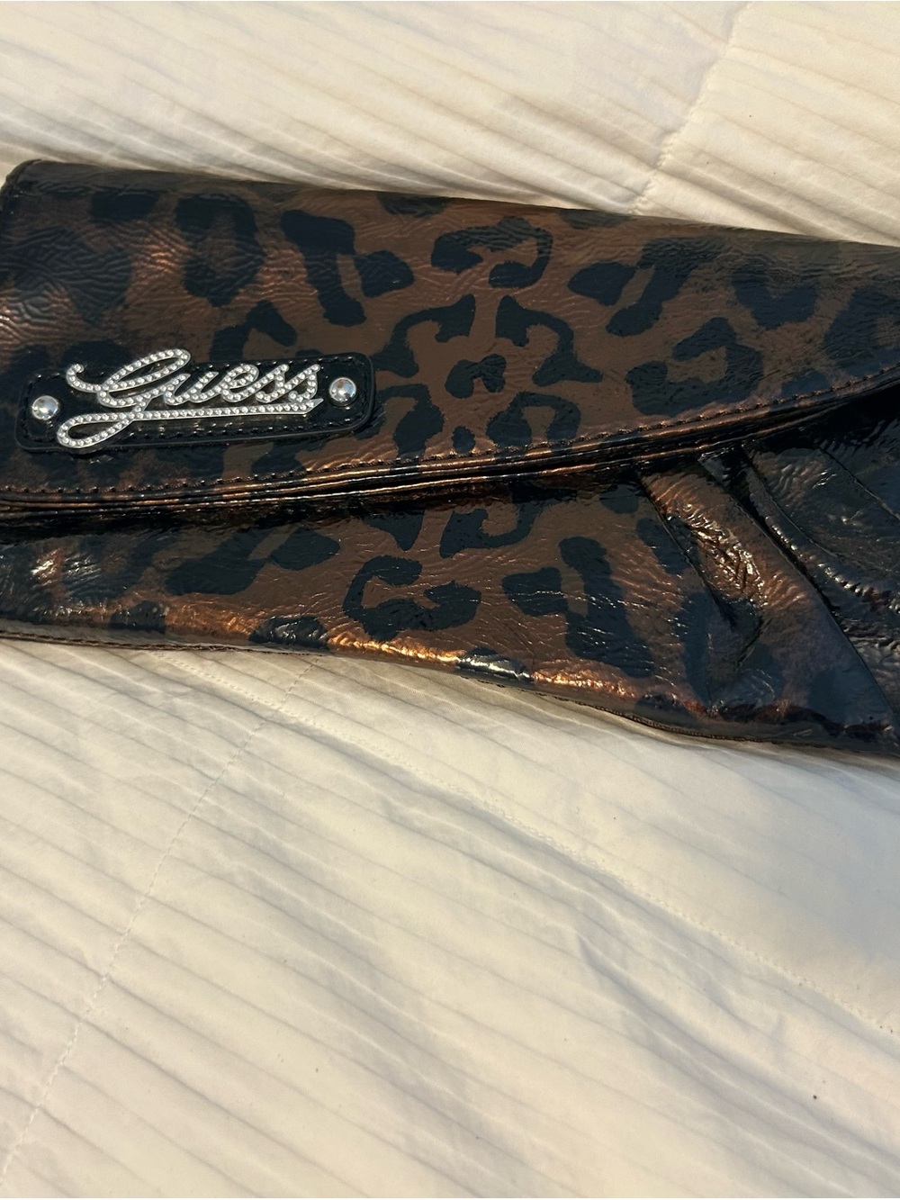 Vintage Y2K Guess Golden Brown Leopard Patent Leather Wristlet Clutch